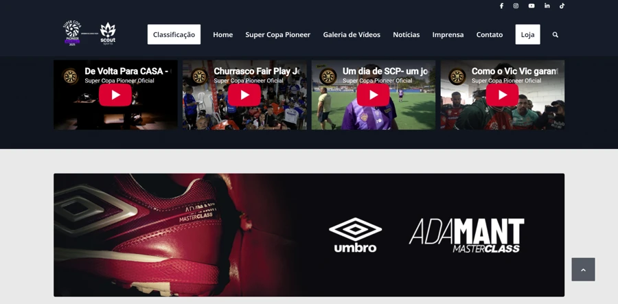 Captura do site oficial da SCP com o banner da campanha Adamant Masterclass: chuteira em destaque, duplo diamante e assinatura Umbro.