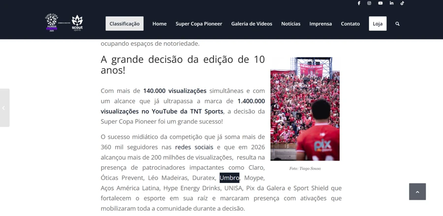 Captura de notícia sobre a decisão da edição de 10 anos da SCP. O texto cita a Umbro entre os patrocinadores presentes na competição.